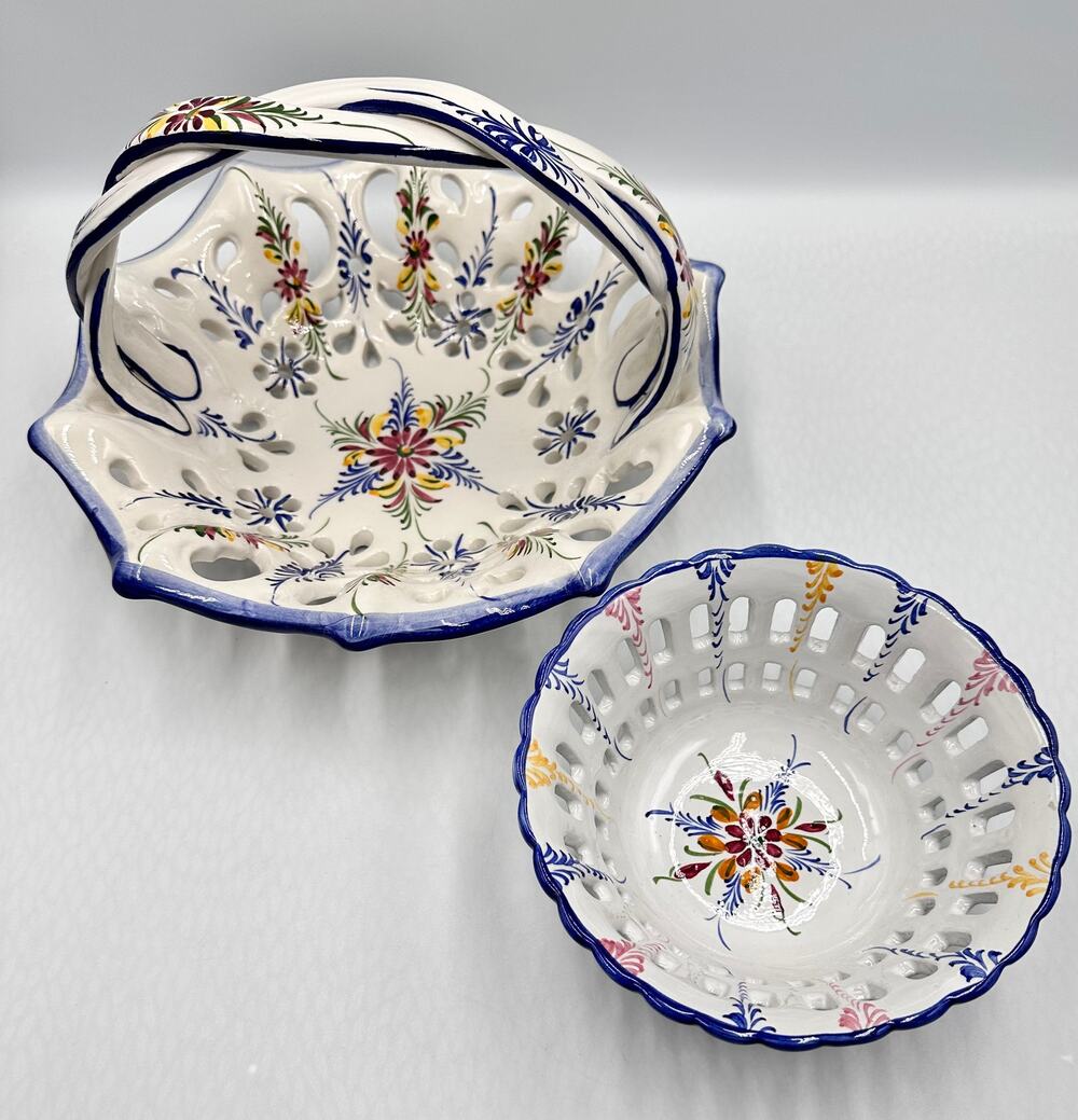RCCL Ceramic Hand Painted Floral Fruit Basket Braided Handle & Bowl Set Portugal
